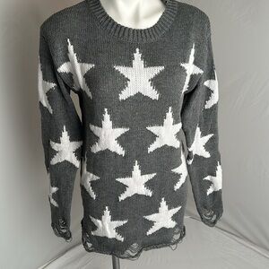 Eselena gray distressed white star long sleeve crew neck sweater S
